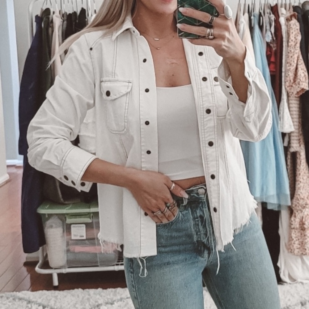 Free People White Jean Jacket Floral Embroidery